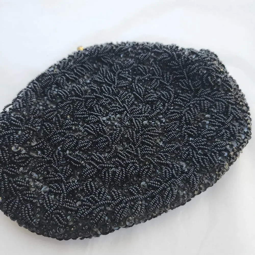 All Over Beaded Clutch Evening Bag Black Satin Vintage Handmade‎ In Hong Kong